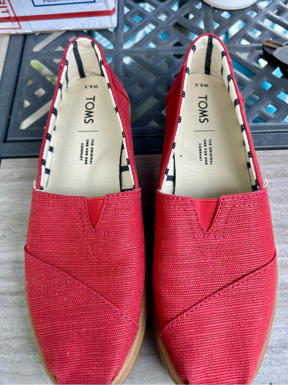 Toms Alpergata Red Canvas Slip-Ons with Tan Sole, 6.5, NWOT Like New